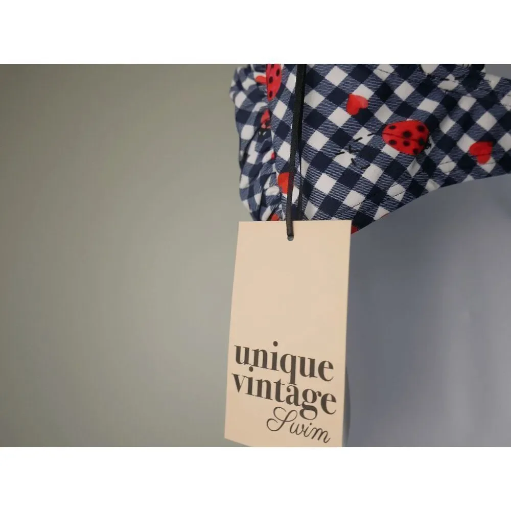 Unique Vintage Navy Gingham Ladybug Bikini Top L Swim Retro Pin-Up